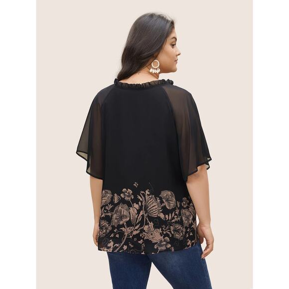 4X 26 Plus Size BloomChic Boho Notched Ruffle Mesh Flutter Sleeve Blouse Top - Picture 5 of 6